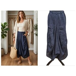 NT by Amati 100% European Linen Harem Pants Women Medium Navy Blue Lagenlook